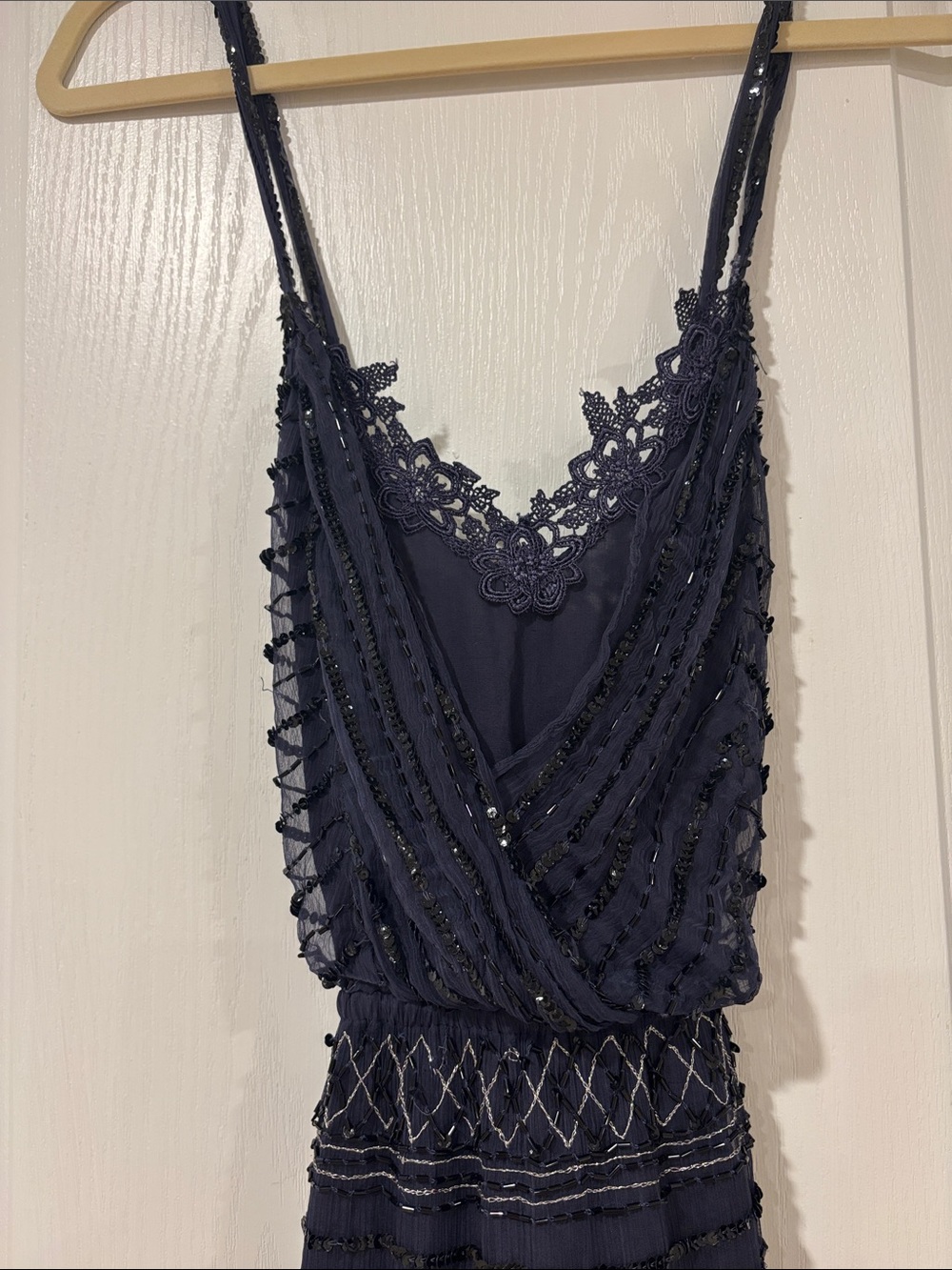 Free People Navy Beaded Asymmetrical Spaghetti Strap Party Dress